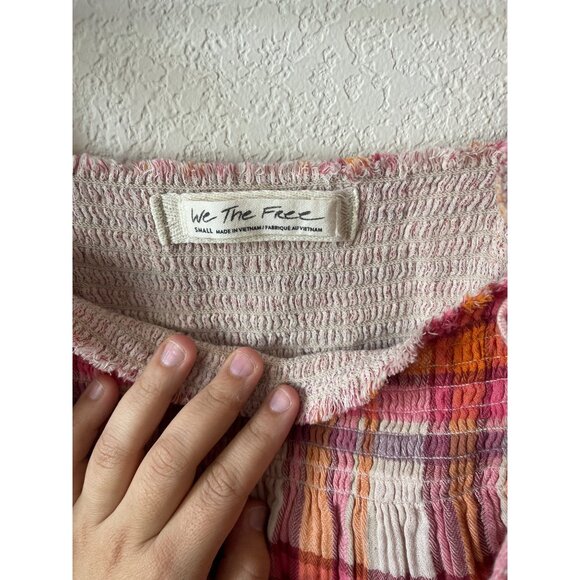 NWT Free People Siena Plaid Orange and Pink Pullover boho Smocked Blouse - Picture 3 of 5